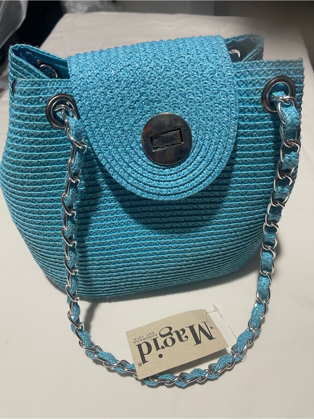 Magid Turquoise Woven Shoulder Bag with Silver Chain Straps